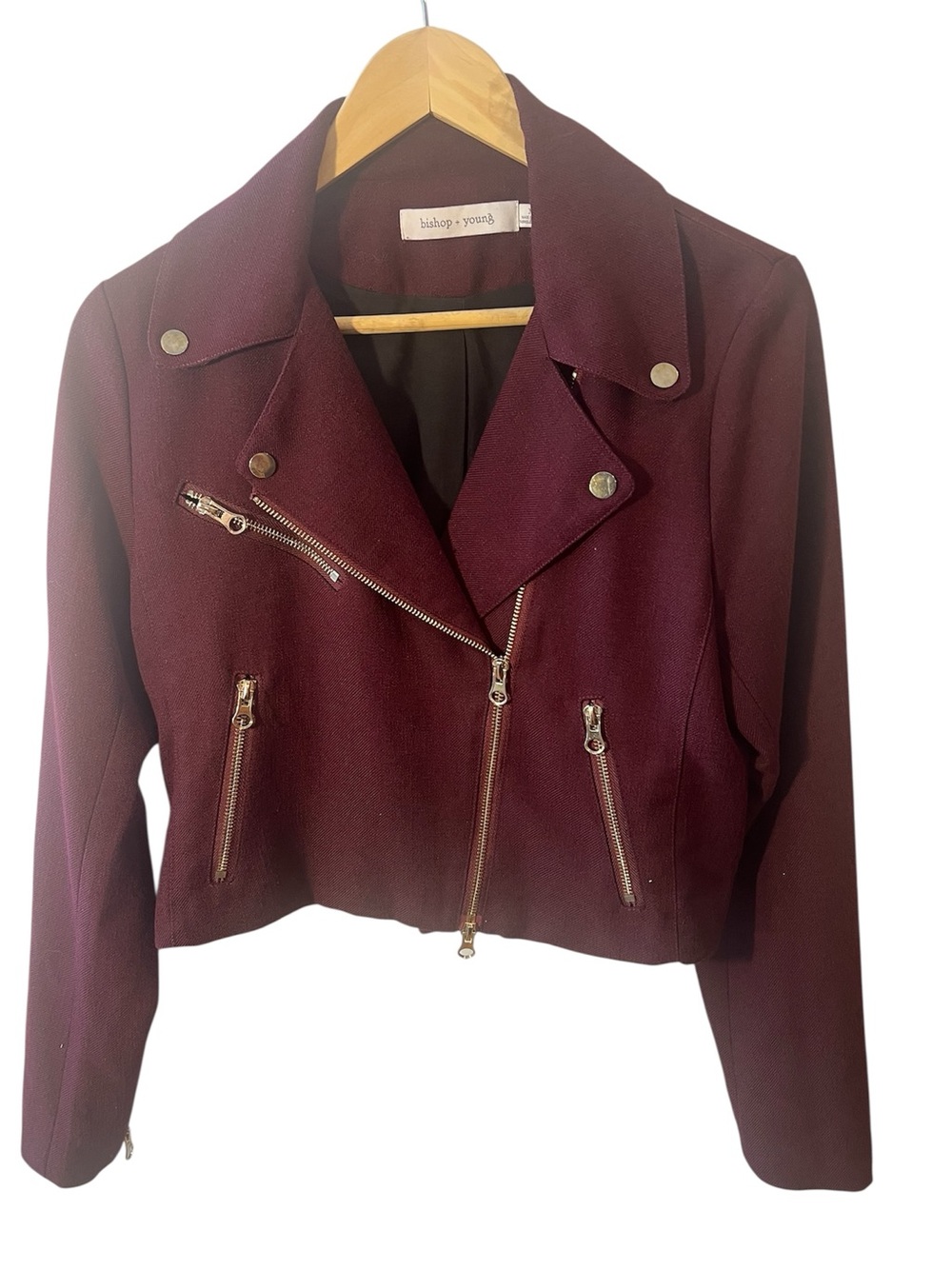 Trendy Bishop + Young Rich Burgundy Moto Jacket with Gold Hardware.  Size=Medium